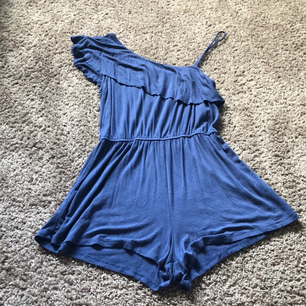 Blue one shoulder romper with strap